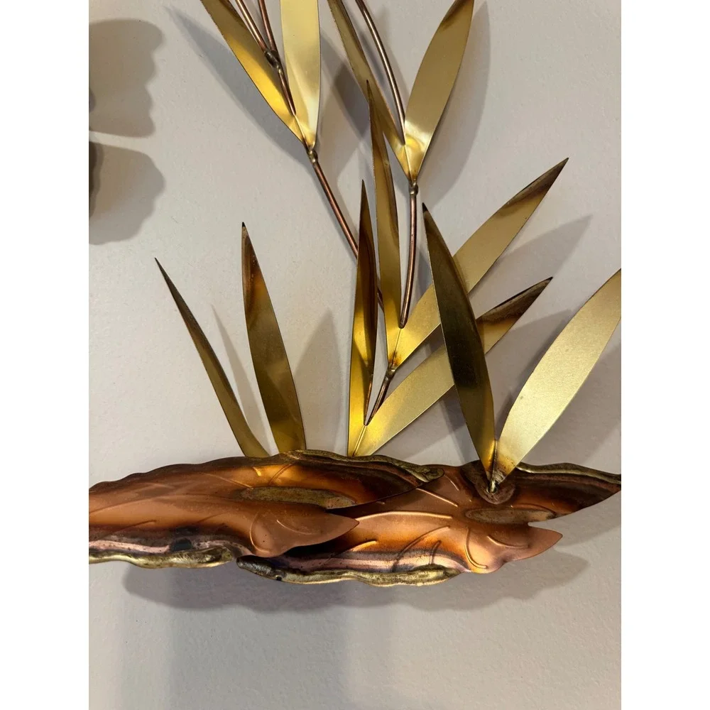 Vintage Mid-Century Modern Metal Wall Art Copper Brass Cattails Butterflies 4pc - Picture 3 of 6